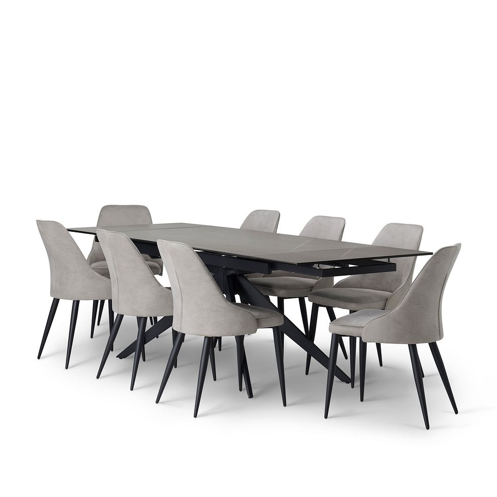 Trento Grey Ceramic Extending Dining Table + 8 Aria Dining Chairs in Light Grey with Black Metal Legs 3