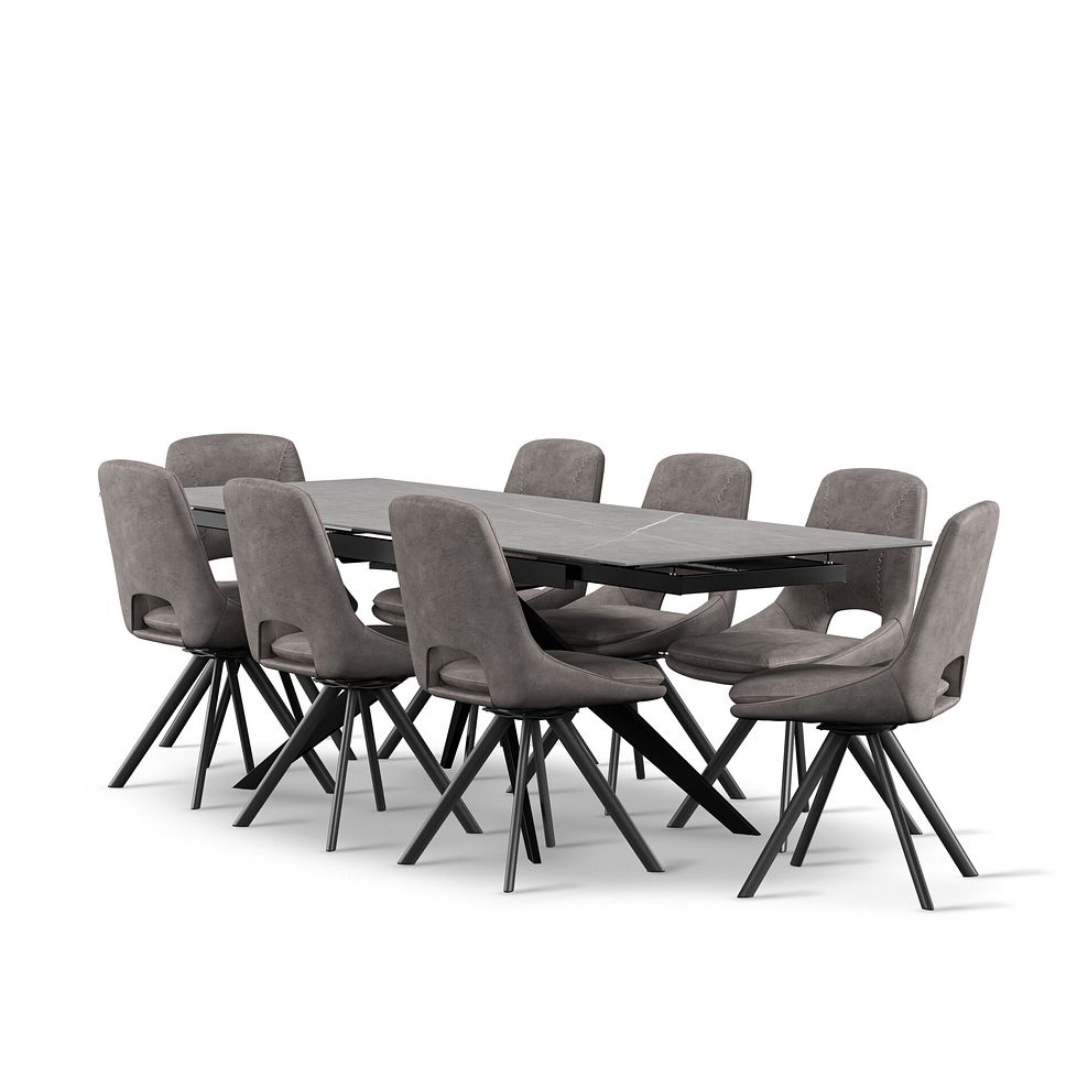 Trento Grey Ceramic Extending Dining Table + 8 Nico Swivel Dining Chairs in Dark Grey with Black Metal Legs 1