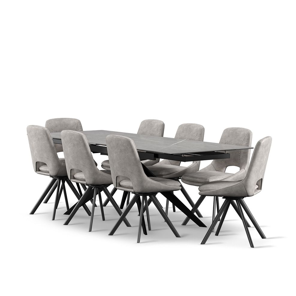 Trento Grey Ceramic Extending Dining Table + 8 Nico Swivel Dining Chairs in Light Grey with Black Metal Legs 1