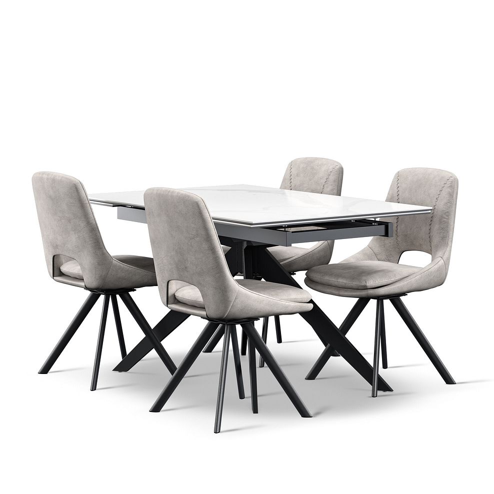 Trento White Ceramic Extendable Dining Table 130cm + 4 Nico Swivel Dining Chair in Light Grey with Black Metal Legs 1
