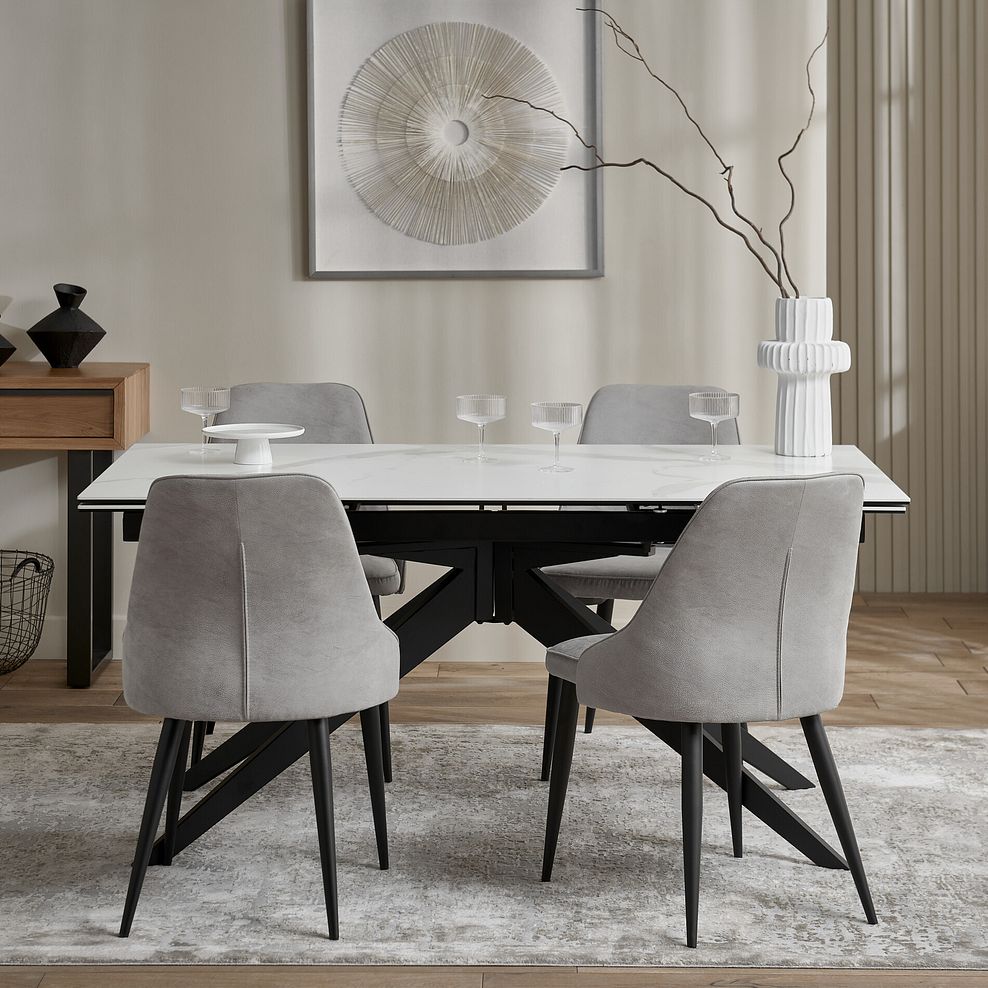 Trento White Ceramic Extending Dining Table + 4 Aria Dining Chairs in Light Grey with Black Metal Legs 3