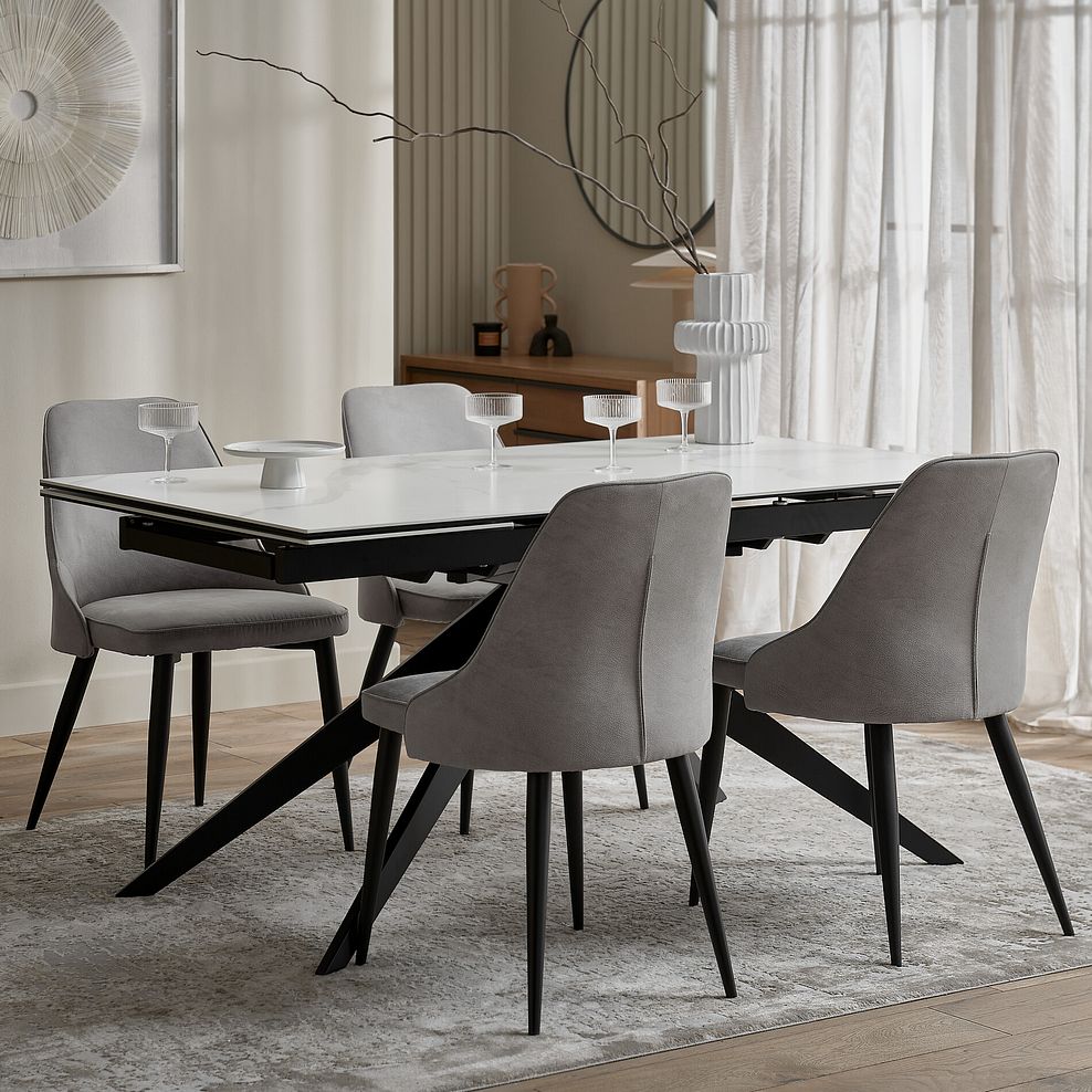 Trento White Ceramic Extending Dining Table + 4 Aria Dining Chairs in Light Grey with Black Metal Legs 1