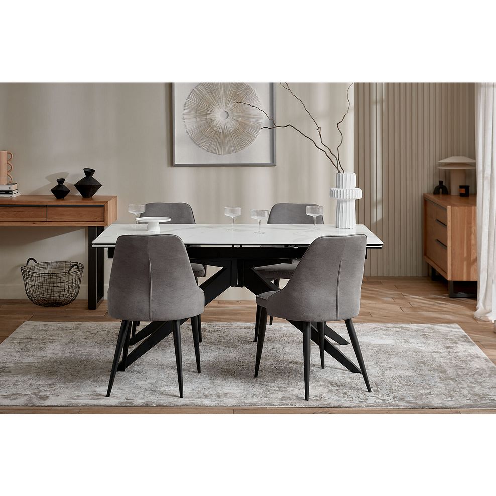 Trento White Ceramic Extending Dining Table + 4 Aria Dining Chairsin Dark Grey with Black Metal Legs 1