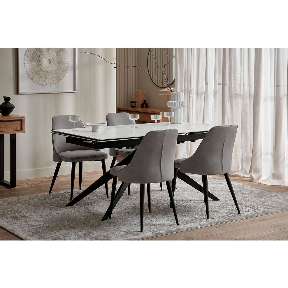 Trento White Ceramic Extending Dining Table + 4 Aria Dining Chairsin Dark Grey with Black Metal Legs 2