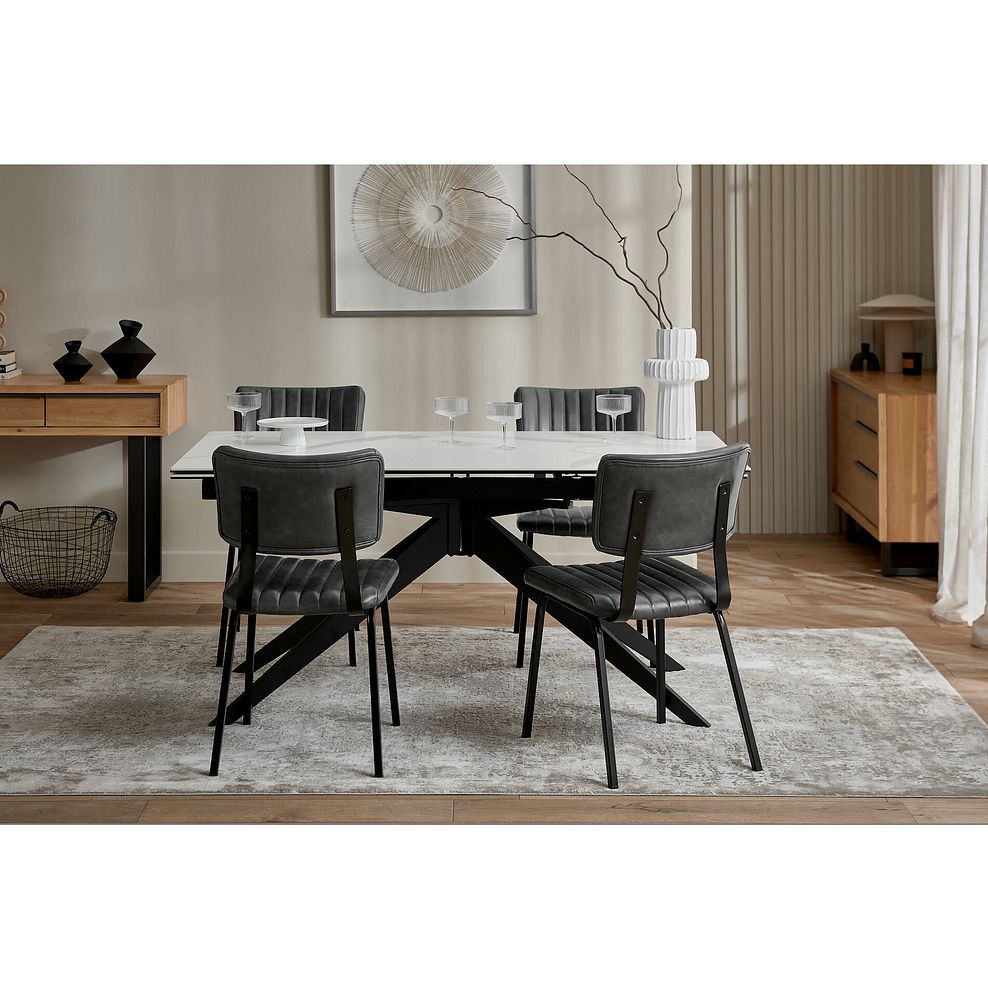 Trento White Ceramic Extending Dining Table + 4 Mason Chairs Vintage Black Leather-Look fabric with Black Legs 1