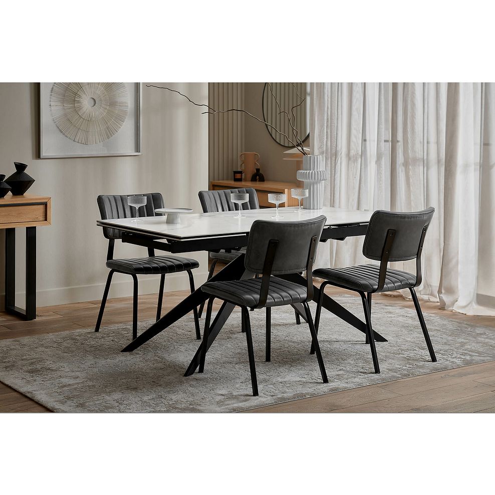 Trento White Ceramic Extending Dining Table + 4 Mason Chairs Vintage Black Leather-Look fabric with Black Legs 2