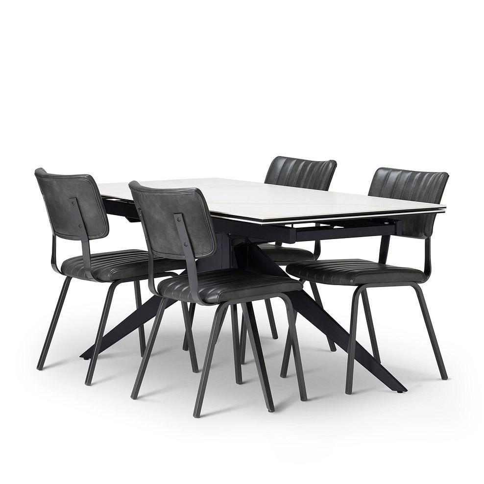 Trento White Ceramic Extending Dining Table + 4 Mason Chairs Vintage Black Leather-Look fabric with Black Legs 3