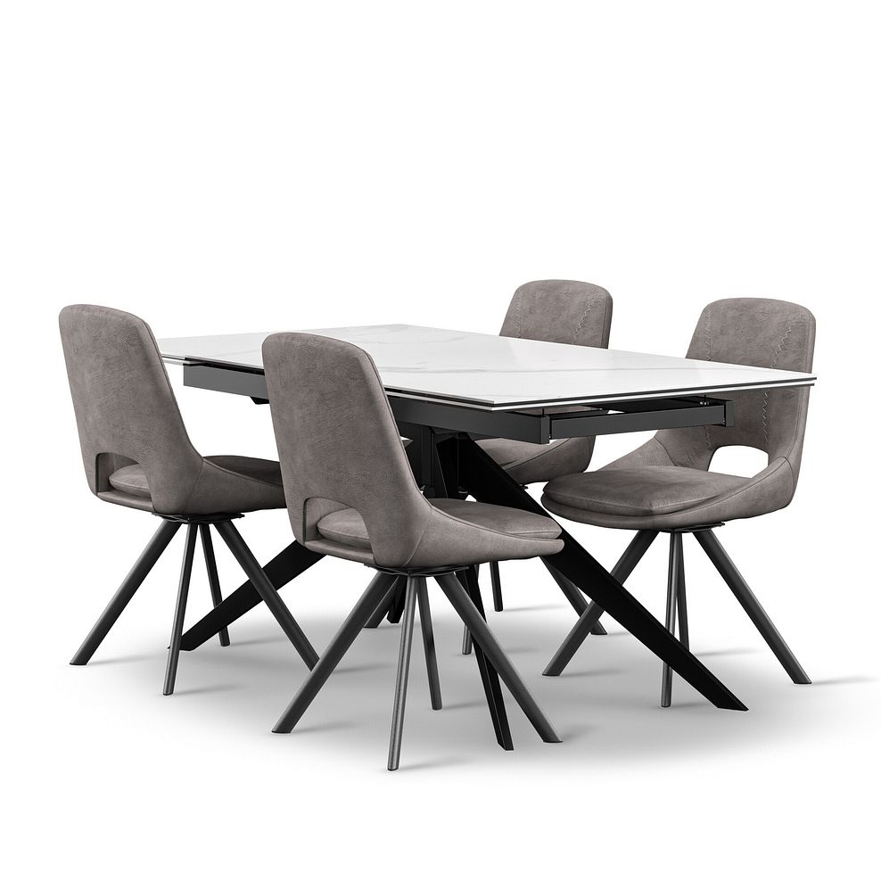 Trento White Ceramic Extending Dining Table + 4 Nico Swivel Dining Chairs in Dark Grey with Black Metal Legs 1