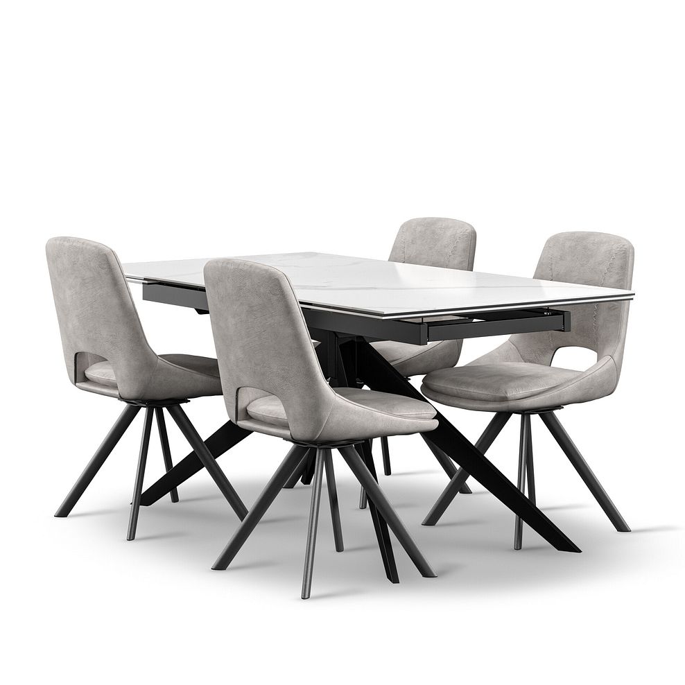 Trento White Ceramic Extending Dining Table + 4 Nico Swivel Dining Chairs in Light Grey with Black Metal Legs 1