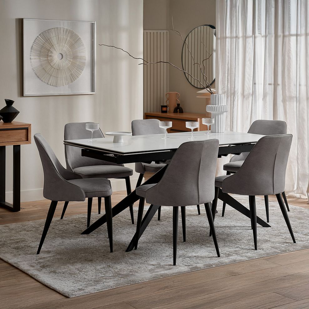 Trento White Ceramic Extending Dining Table + 6 Aria Dining Chairs in Dark Grey with Black Metal Legs 1