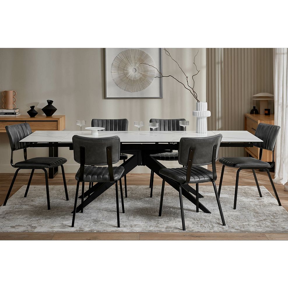 Trento White Ceramic Extending Dining Table + 6 Mason Chairs Vintage Black Leather-Look fabric with Black Legs 1