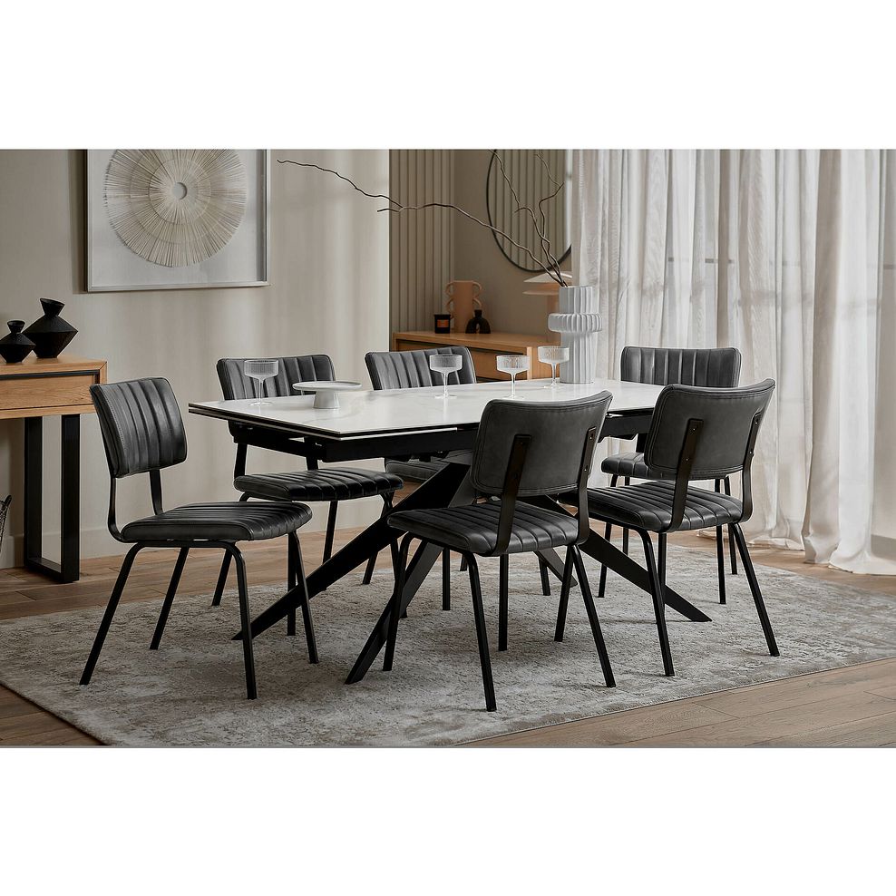 Trento White Ceramic Extending Dining Table + 6 Mason Chairs Vintage Black Leather-Look fabric with Black Legs 2