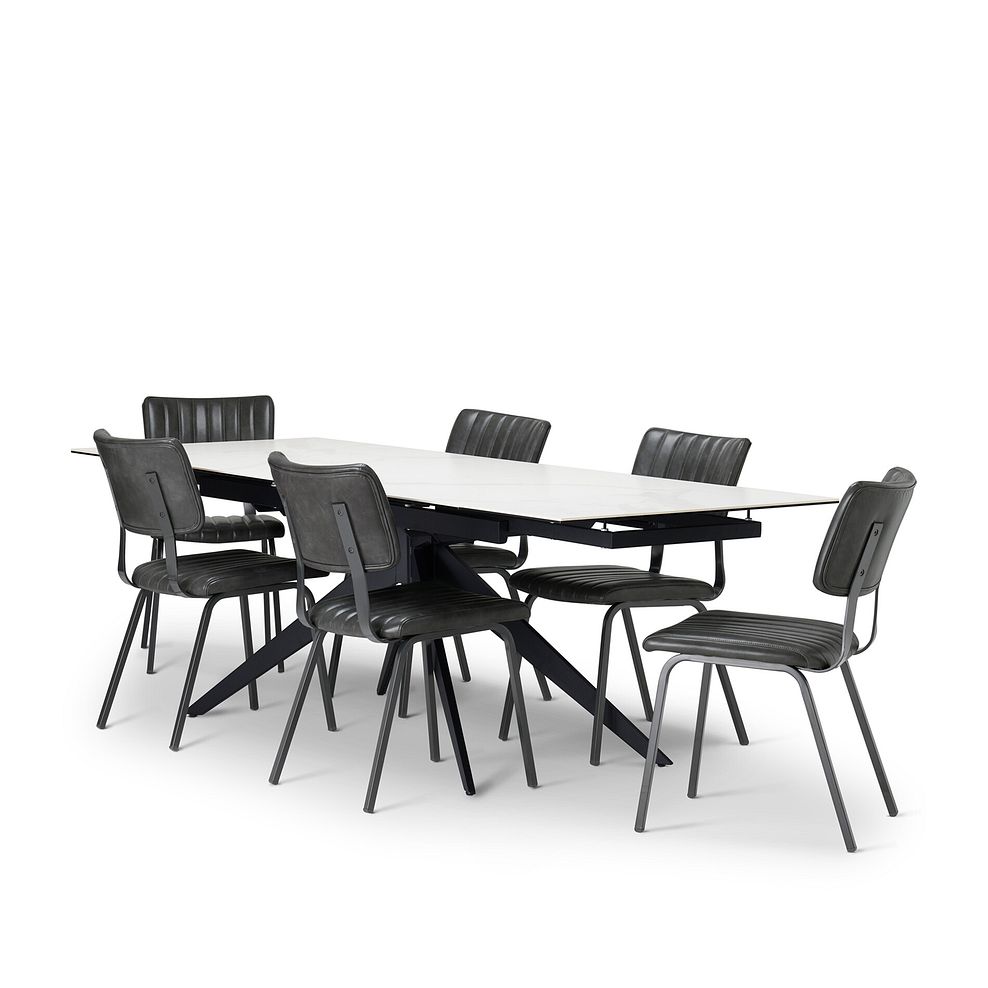 Trento White Ceramic Extending Dining Table + 6 Mason Chairs Vintage Black Leather-Look fabric with Black Legs 4