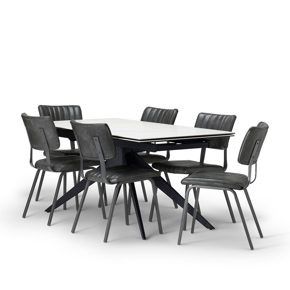 Trento White Ceramic Extending Dining Table + 6 Mason Chairs Vintage Black Leather-Look fabric with Black Legs 3