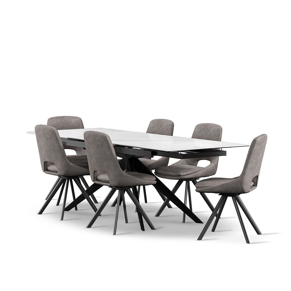 Trento White Ceramic Extending Dining Table + 6 Nico Swivel Dining Chairs in Dark Grey with Black Metal Legs 2