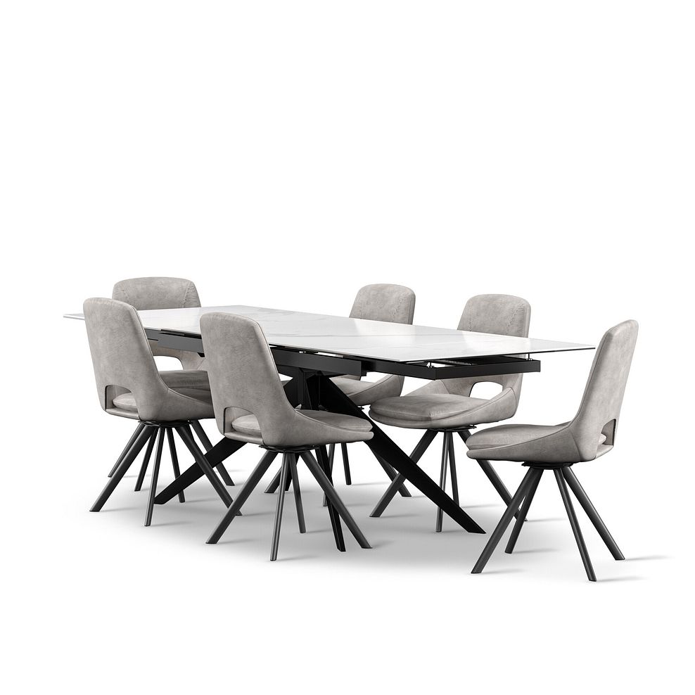 Trento White Ceramic Extending Dining Table + 6 Nico Swivel Dining Chairs in Light Grey with Black Metal Legs 2