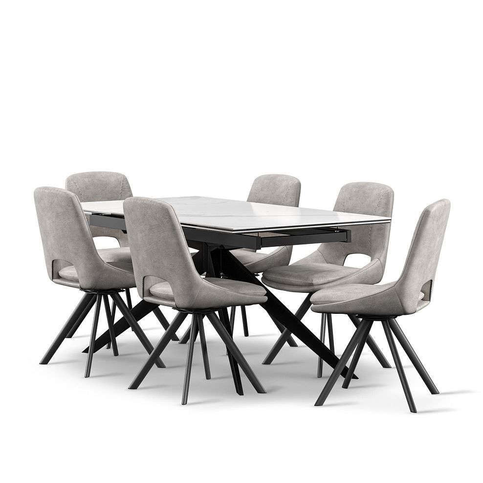 Trento White Ceramic Extending Dining Table + 6 Nico Swivel Dining Chairs in Light Grey with Black Metal Legs 1