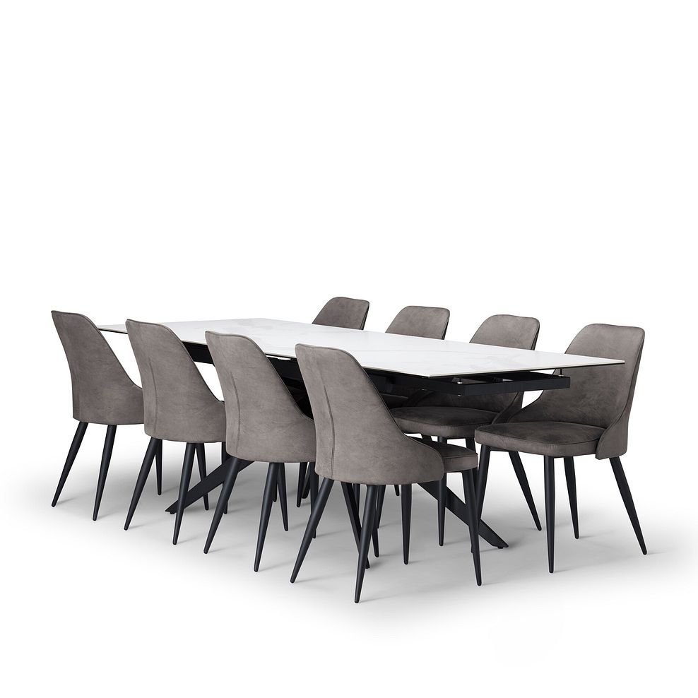 Trento White Ceramic Extending Dining Table + 8 Aria Dining Chairs in Dark Grey with Black Metal Legs 3