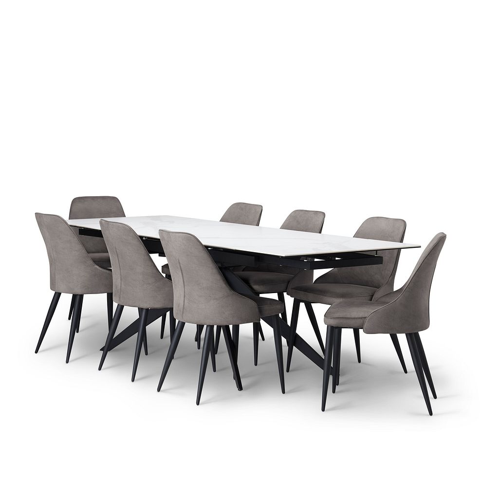 Trento White Ceramic Extending Dining Table + 8 Aria Dining Chairs in Dark Grey with Black Metal Legs 2