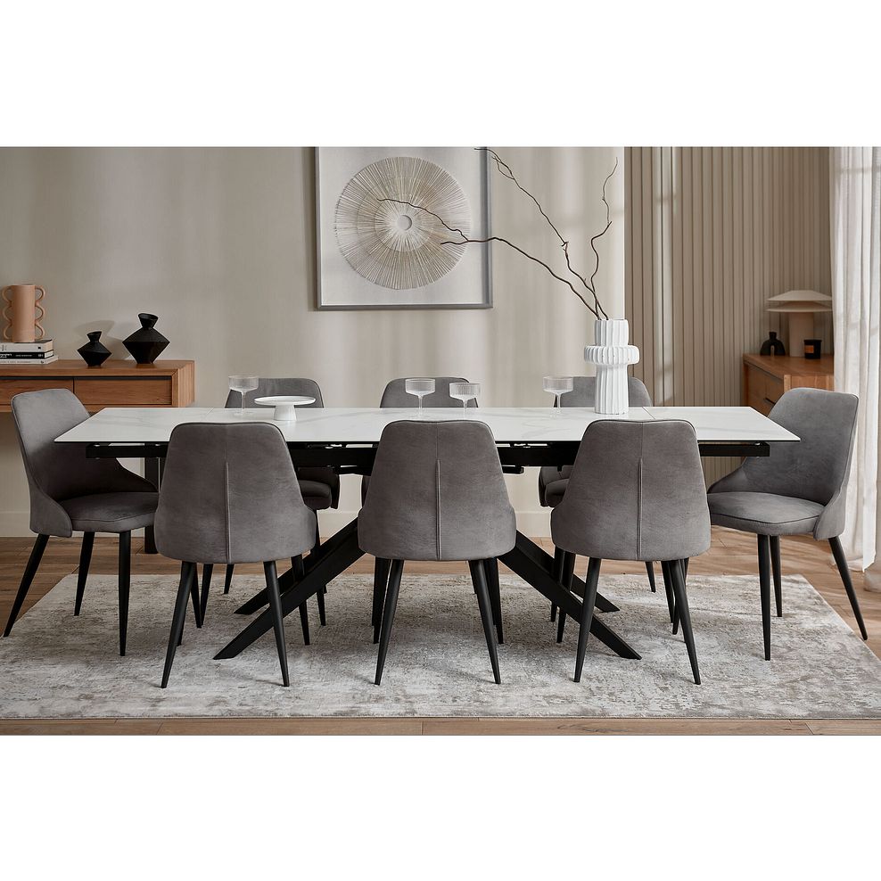 Trento White Ceramic Extending Dining Table + 8 Aria Dining Chairs in Dark Grey with Black Metal Legs 1