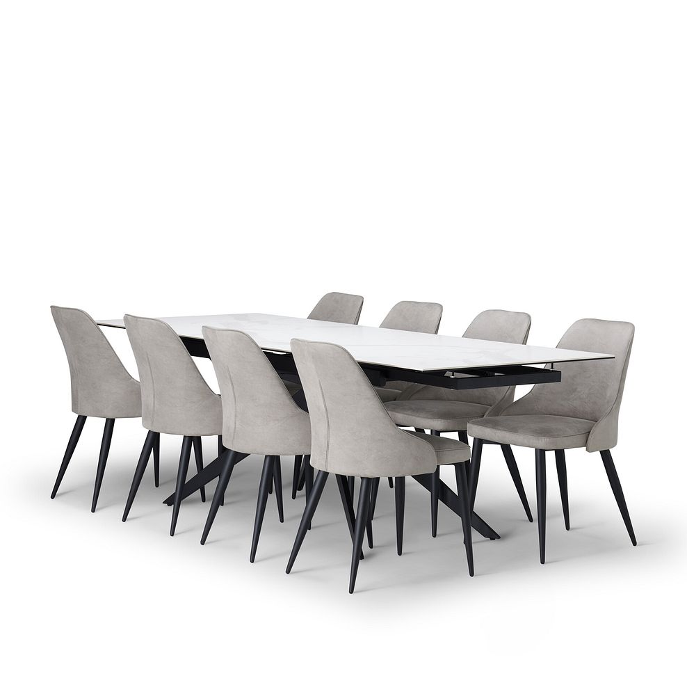 Trento White Ceramic Extending Dining Table + 8 Aria Dining Chairs in Light Grey with Black Metal Legs 3