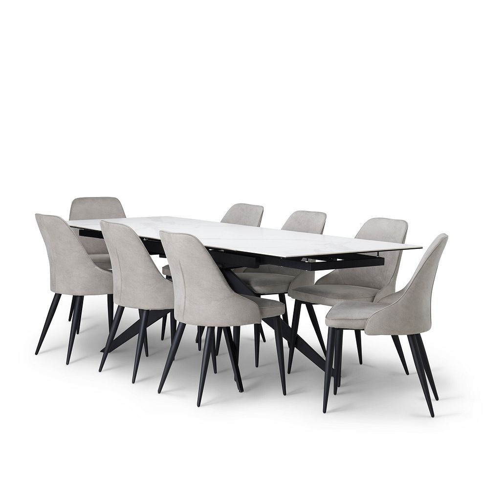 Trento White Ceramic Extending Dining Table + 8 Aria Dining Chairs in Light Grey with Black Metal Legs 2