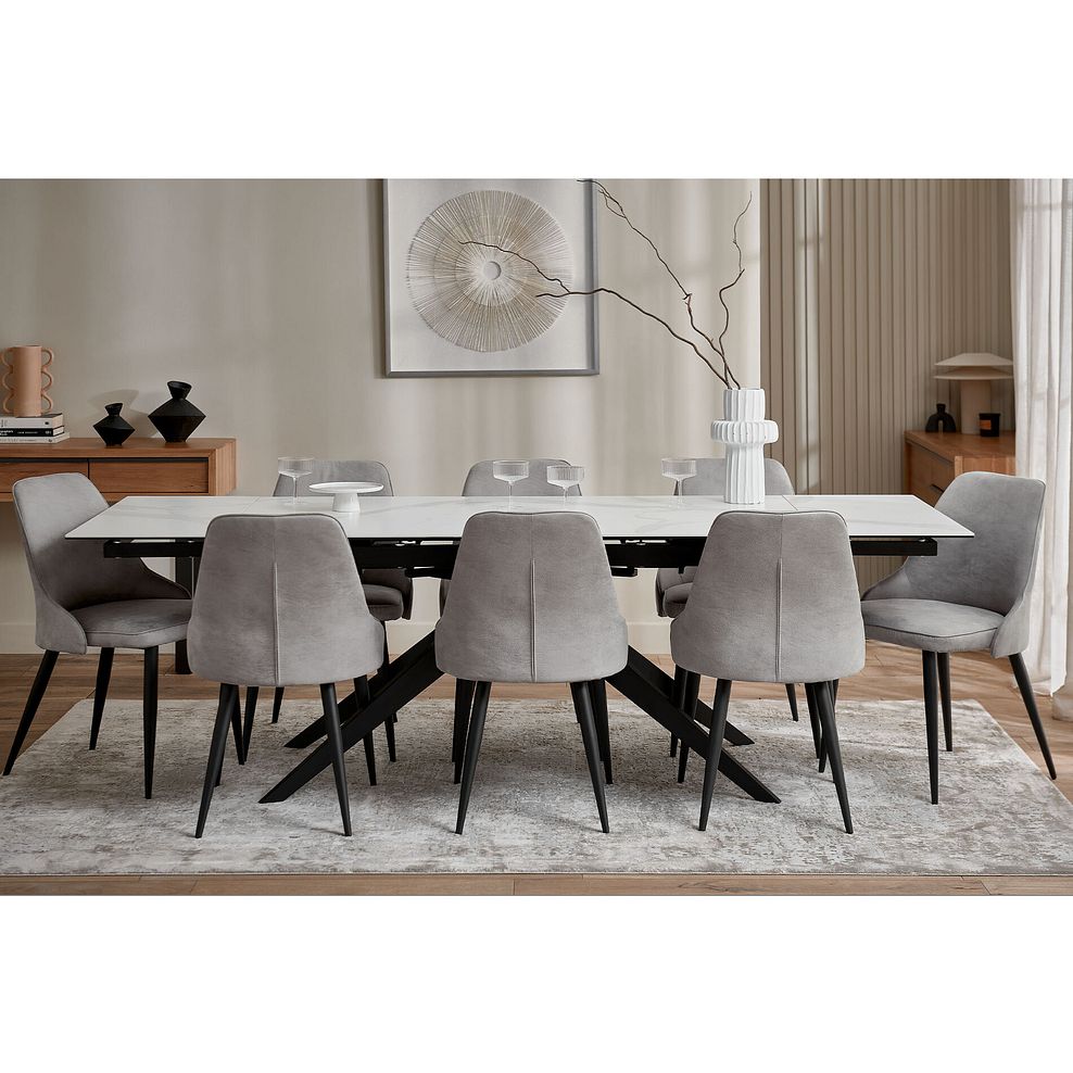 Trento White Ceramic Extending Dining Table + 8 Aria Dining Chairs in Light Grey with Black Metal Legs 1