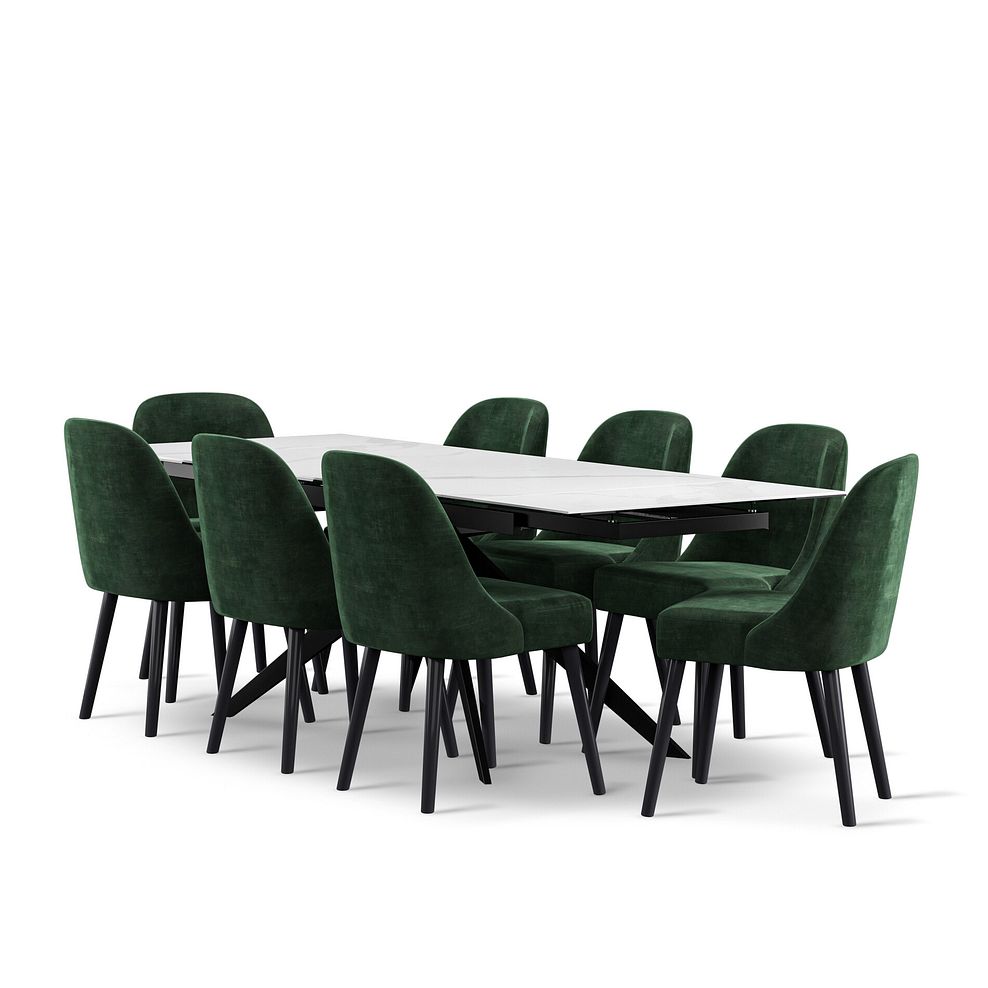 Trento White Ceramic Extending Dining Table + 8 Bette Chairs with Black Legs in Heritage Bottle Green Velvet 1