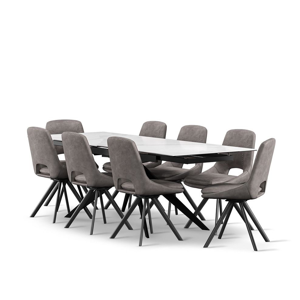 Trento White Ceramic Extending Dining Table + 8 Nico Swivel Dining Chairs in Dark Grey with Black Metal Legs 1