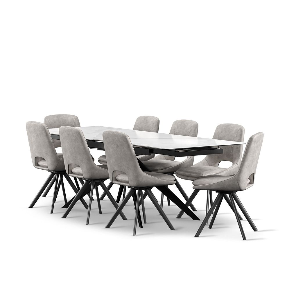 Trento White Ceramic Extending Dining Table + 8 Nico Swivel Dining Chairs in Light Grey with Black Metal Legs 1