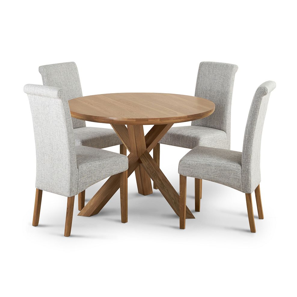 Trinity Natural Solid Oak 3ft 7" Round Table and 4 Scroll Back Plain Grey Fabric Chairs 1