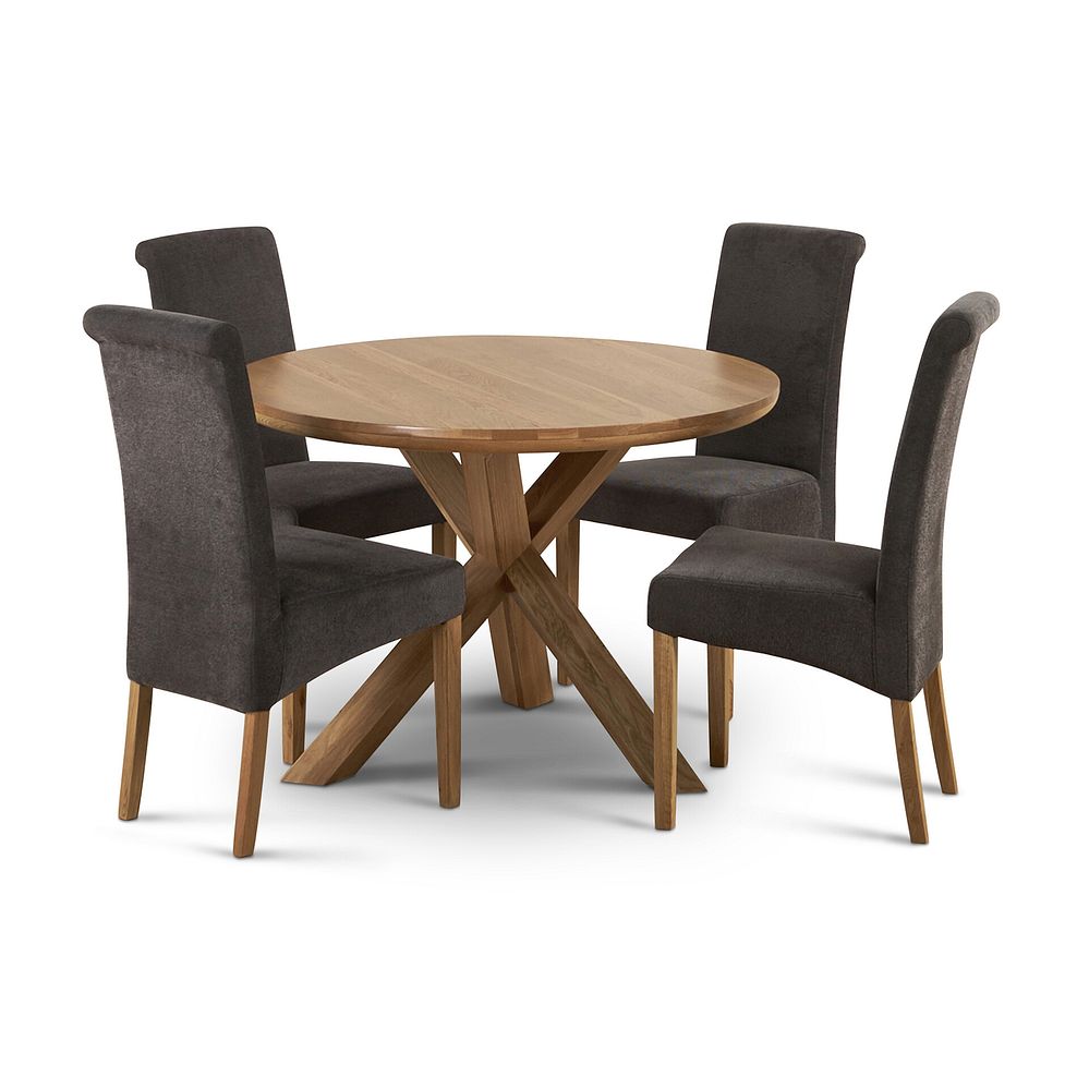 Trinity Natural Solid Oak 3ft 7" Round Table and 4 Scroll Back Plain Charcoal Fabric Chairs 1