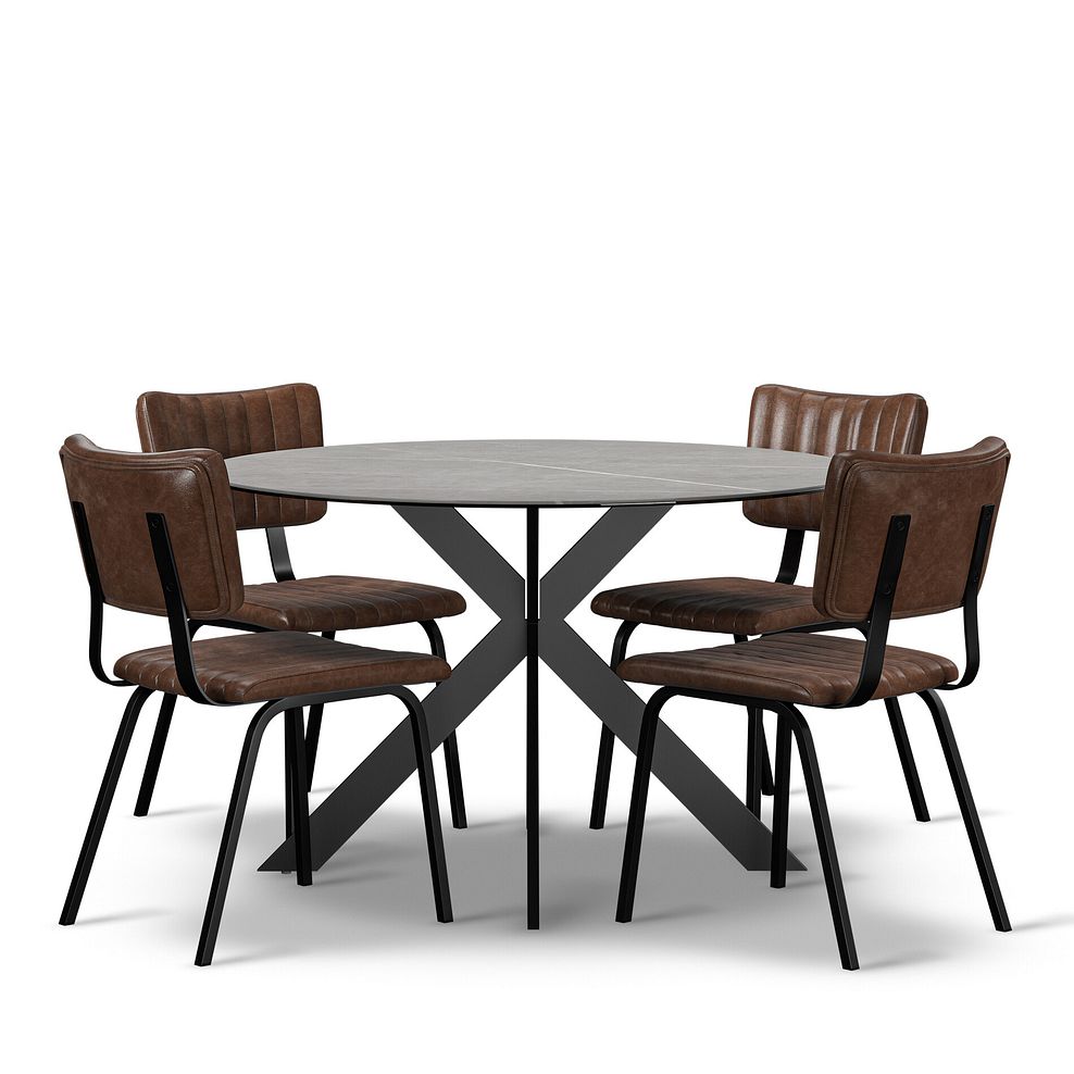 Venice Grey Ceramic Round Dining Table + 4 Mason Chairs Vintage Brown Leather-Look fabric with Black Legs 1