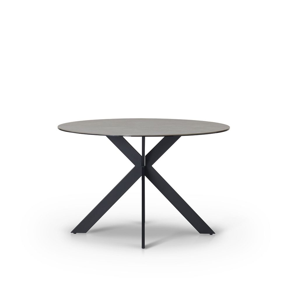 Venice Grey Ceramic Round Dining Table + 4 Mason Chairs Vintage Tan Leather-Look fabric with Black Legs 2