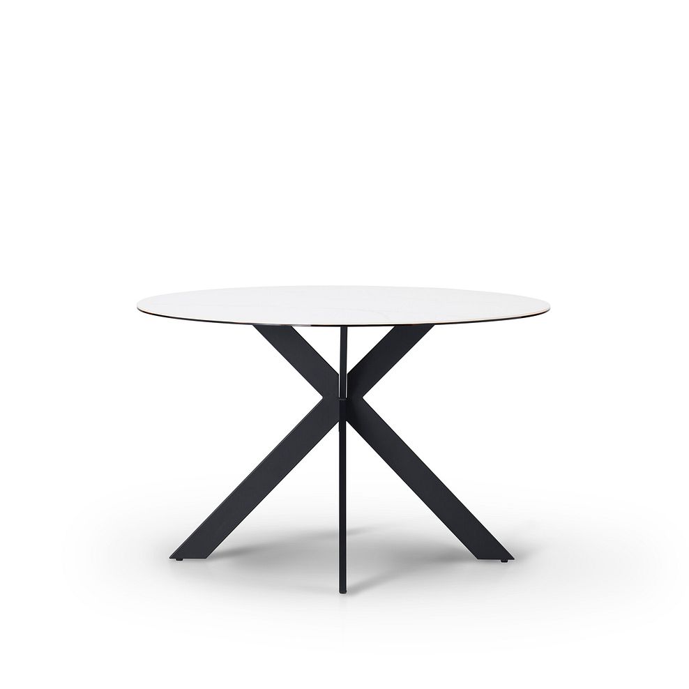 Venice White Ceramic Round Dining Table + 4 Bette Chairs with Black Legs in Heritage Bottle Green Velvet 4