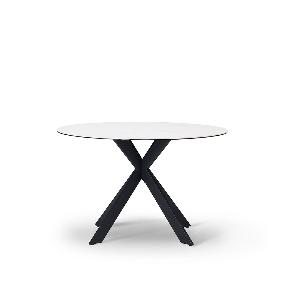 Venice White Ceramic Round Dining Table + 4 Bette Chairs with Black Legs in Heritage Bottle Green Velvet 5