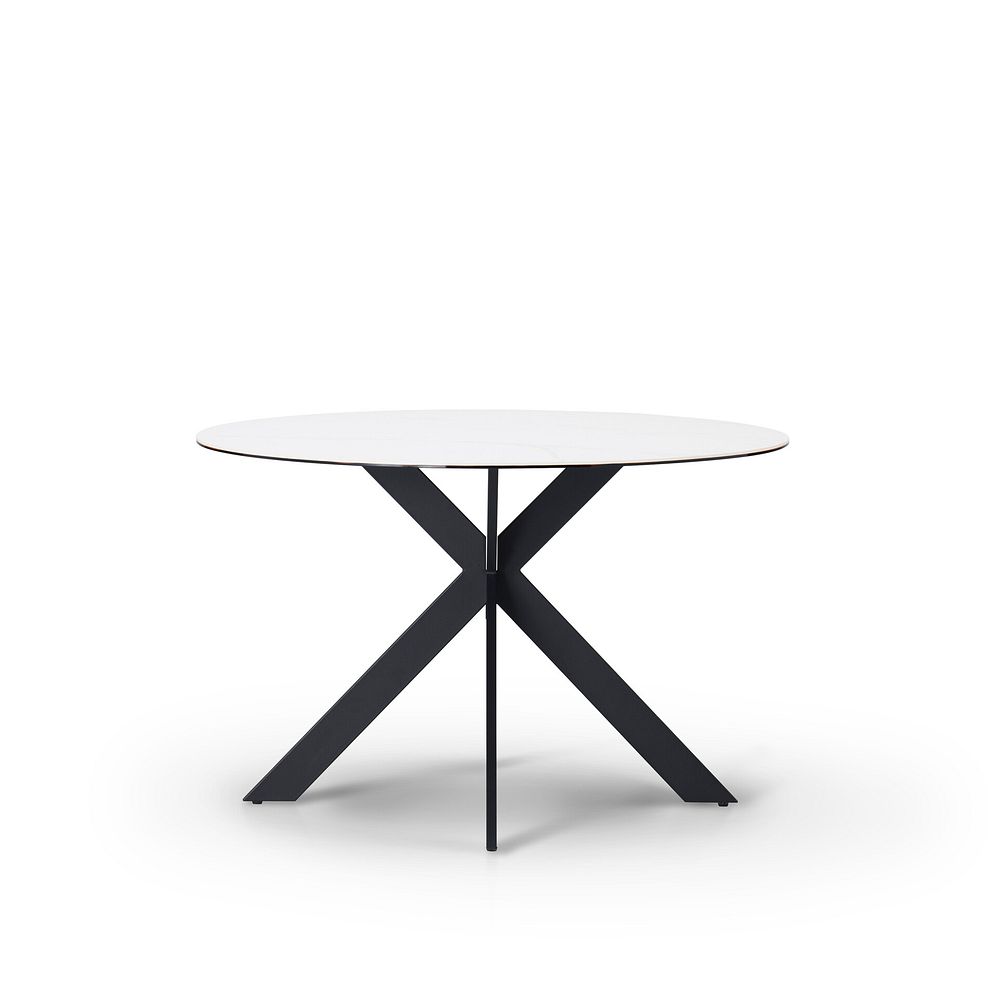 Venice White Ceramic Round Dining Table + 4 Mason Chairs Vintage Tan Leather-Look fabric with Black Legs 2