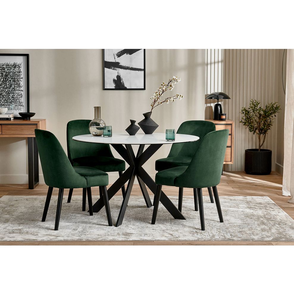 Venice White Ceramic Round Dining Table + 4 Bette Chairs with Black Legs in Heritage Bottle Green Velvet 1