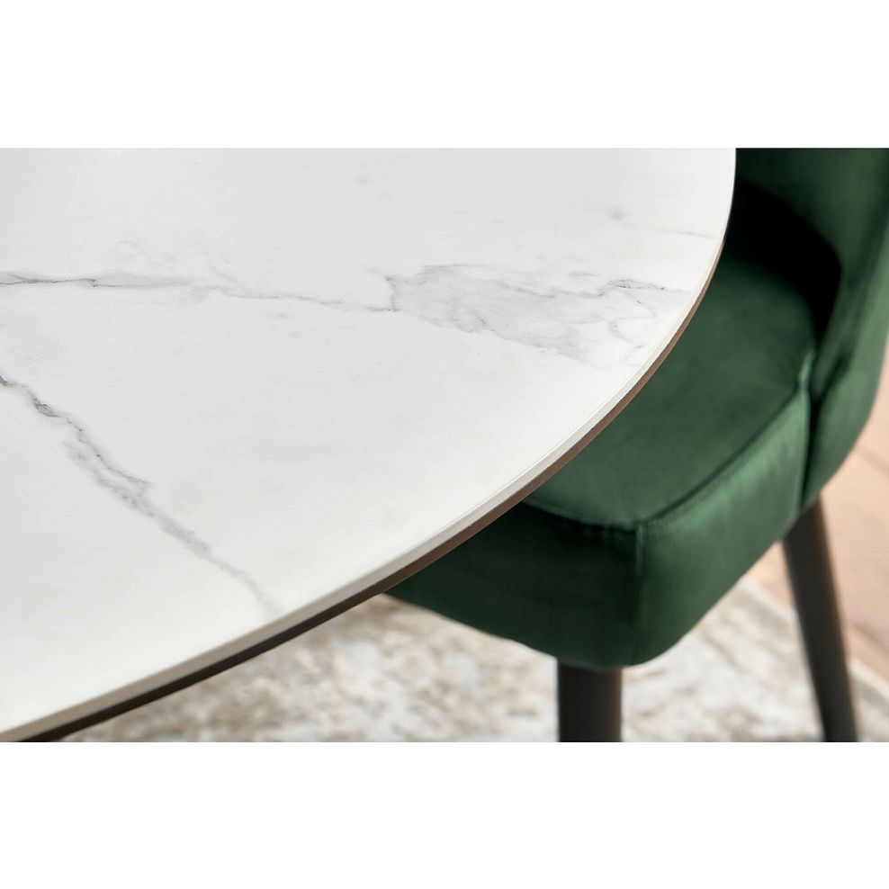 Venice White Ceramic Round Dining Table + 4 Bette Chairs with Black Legs in Heritage Bottle Green Velvet 2
