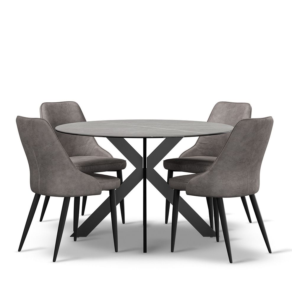 Venice Grey Ceramic Round Dining Table + 4 Aria Dining Chairs in Dark Grey with Black Metal Legs 1