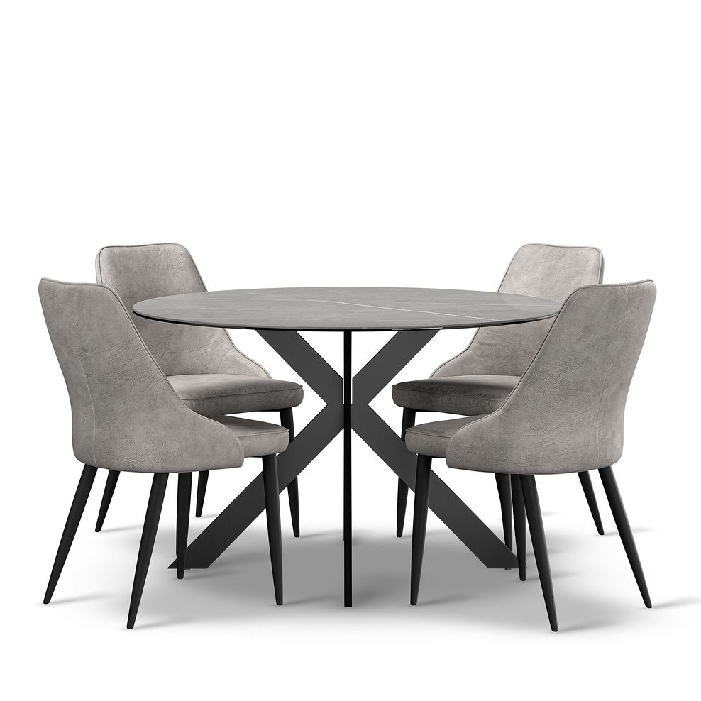 Venice Grey Ceramic Round Dining Table + 4 Aria Dining Chairs in Light Grey with Black Metal Legs 1