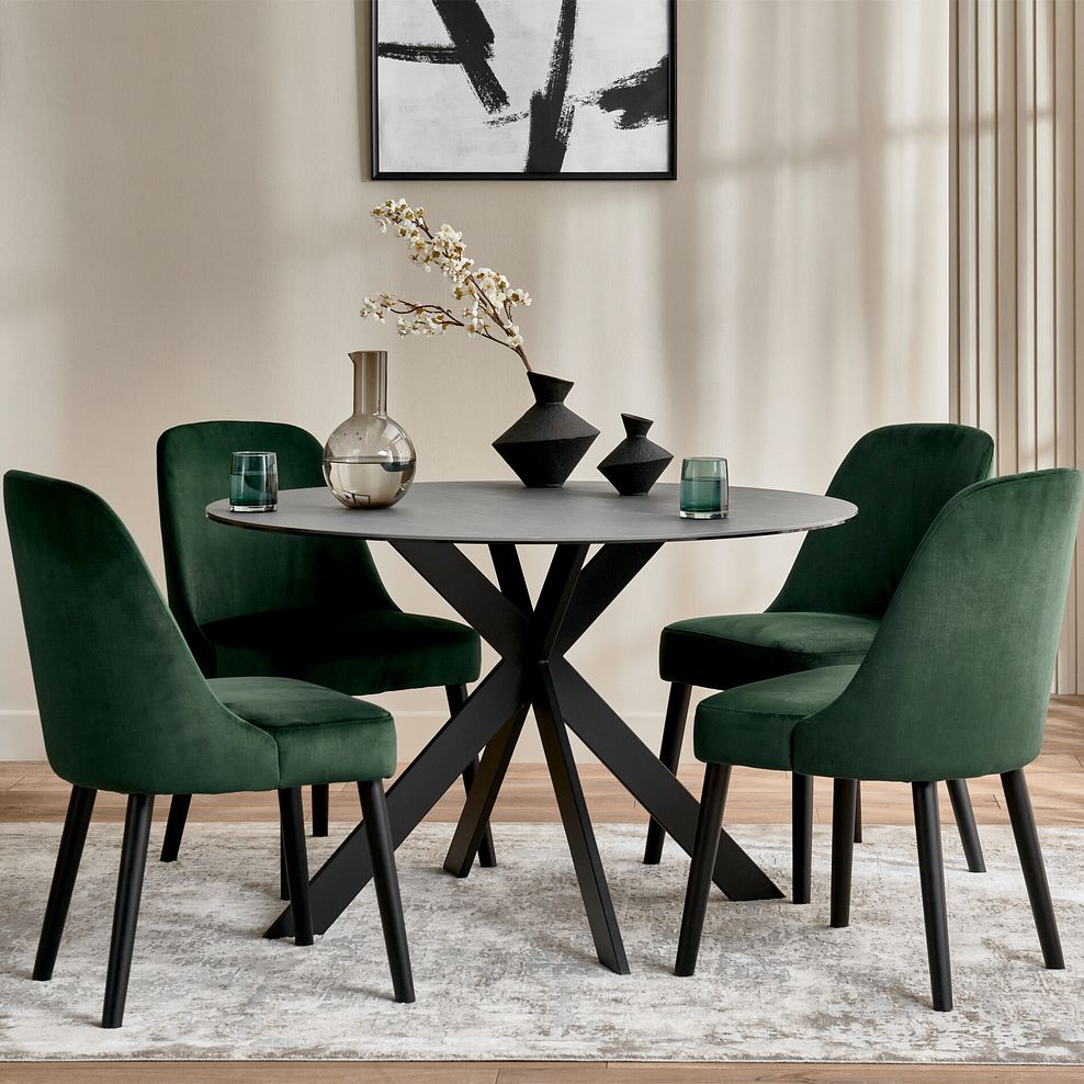Venice Grey Ceramic Round Dining Table + 4 Bette Chair with Black Legs in Heritage Bottle Green Velvet 1
