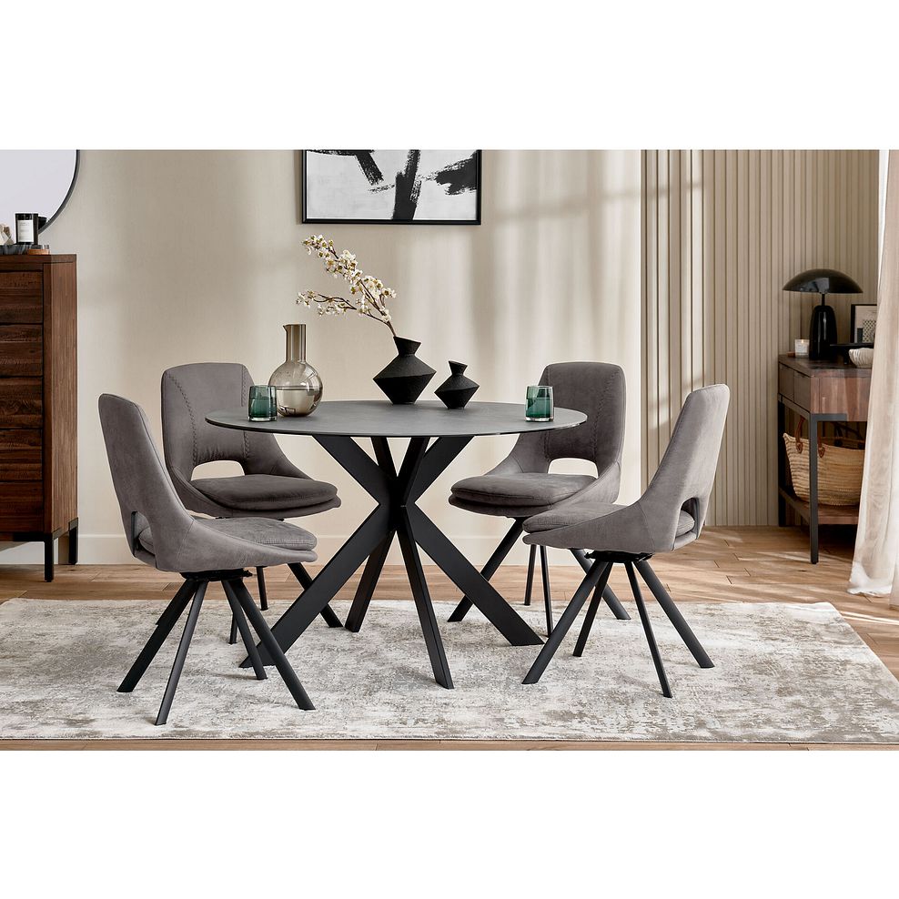 Venice Grey Ceramic Round Dining Table + 4 Nico Swivel Dining Chairs in Dark Grey with Black Metal Legs 1