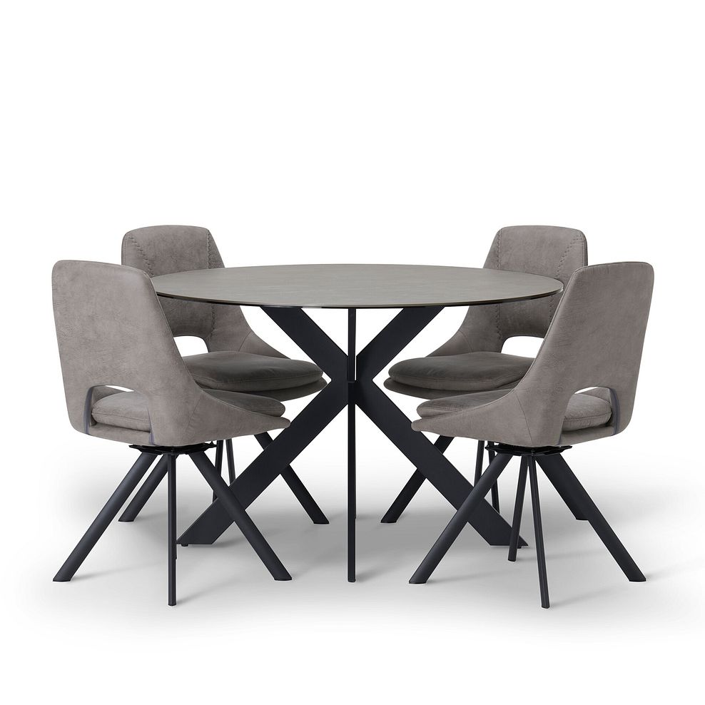 Venice Grey Ceramic Round Dining Table + 4 Nico Swivel Dining Chairs in Dark Grey with Black Metal Legs 2