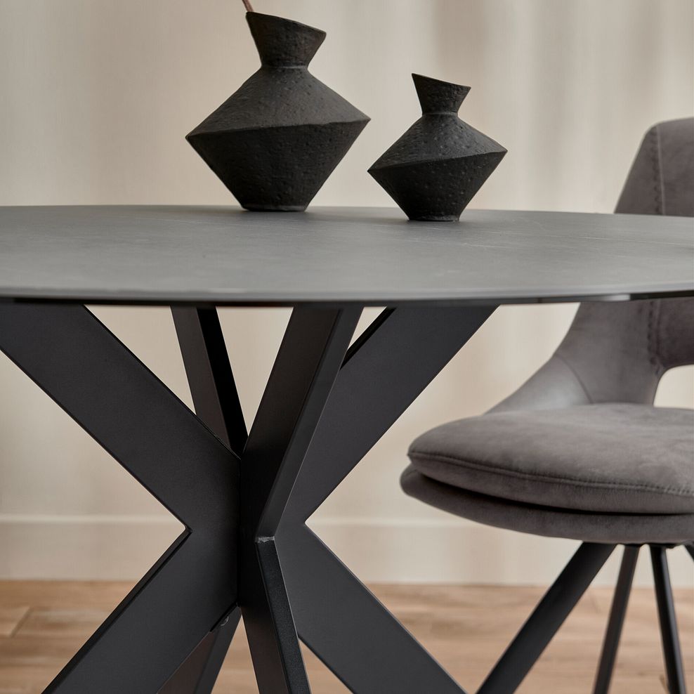 Venice Grey Ceramic Round Dining Table + 4 Nico Swivel Dining Chairs in Dark Grey with Black Metal Legs 3