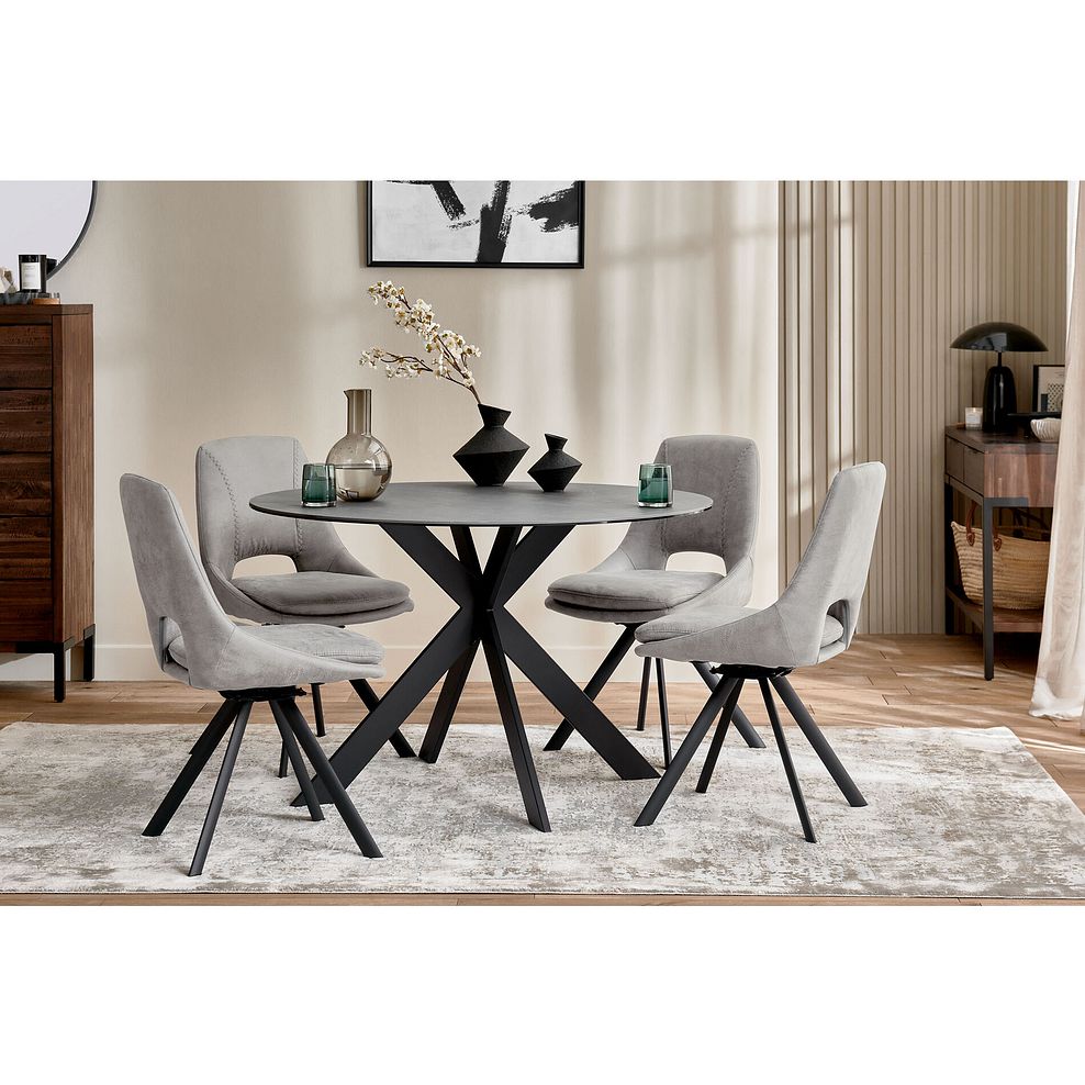 Venice Grey Ceramic Round Dining Table + 4 Nico Swivel Dining Chairs in Light Grey with Black Metal Legs 1