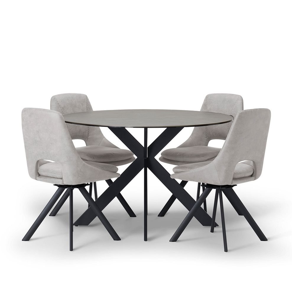 Venice Grey Ceramic Round Dining Table + 4 Nico Swivel Dining Chairs in Light Grey with Black Metal Legs 2