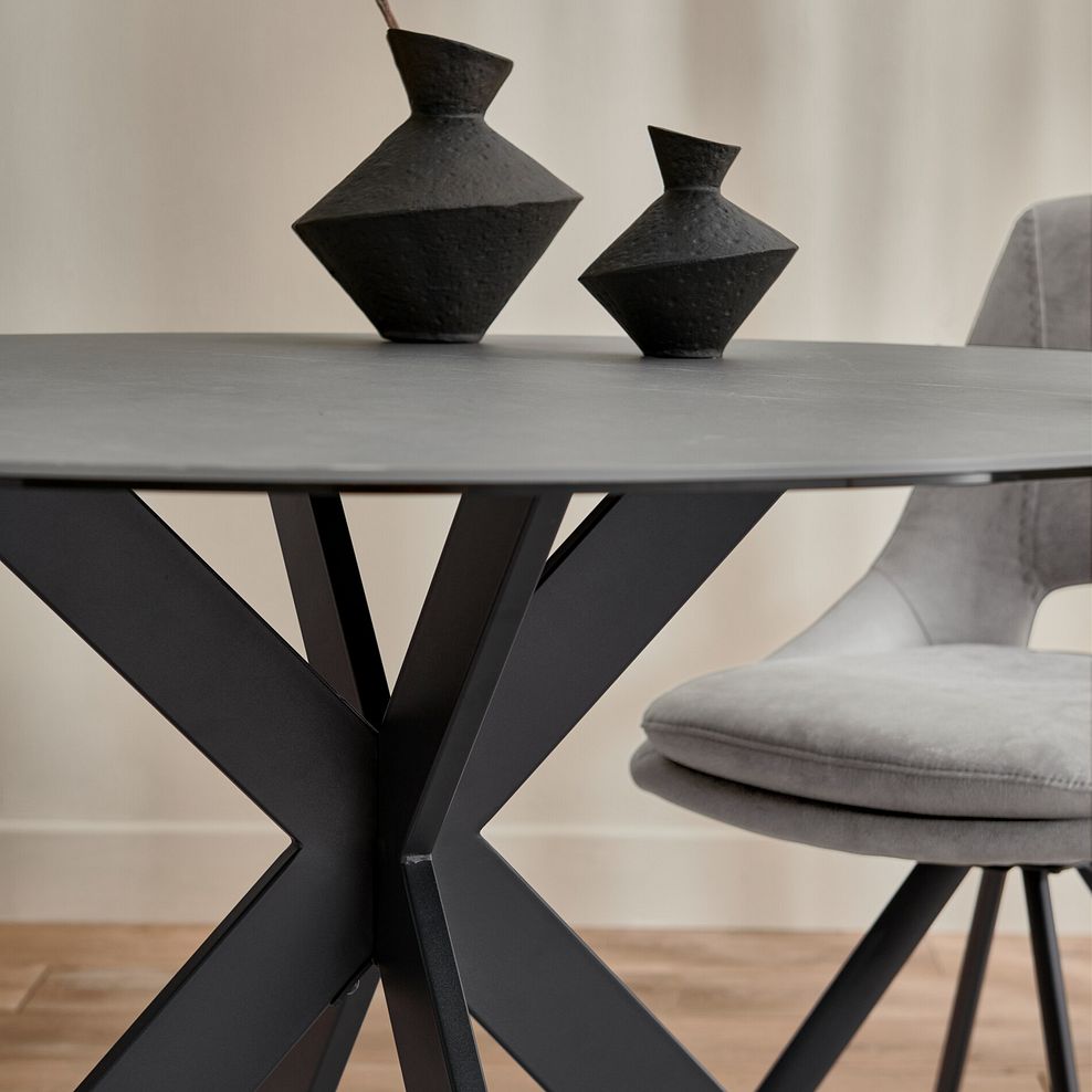 Venice Grey Ceramic Round Dining Table + 4 Nico Swivel Dining Chairs in Light Grey with Black Metal Legs 4