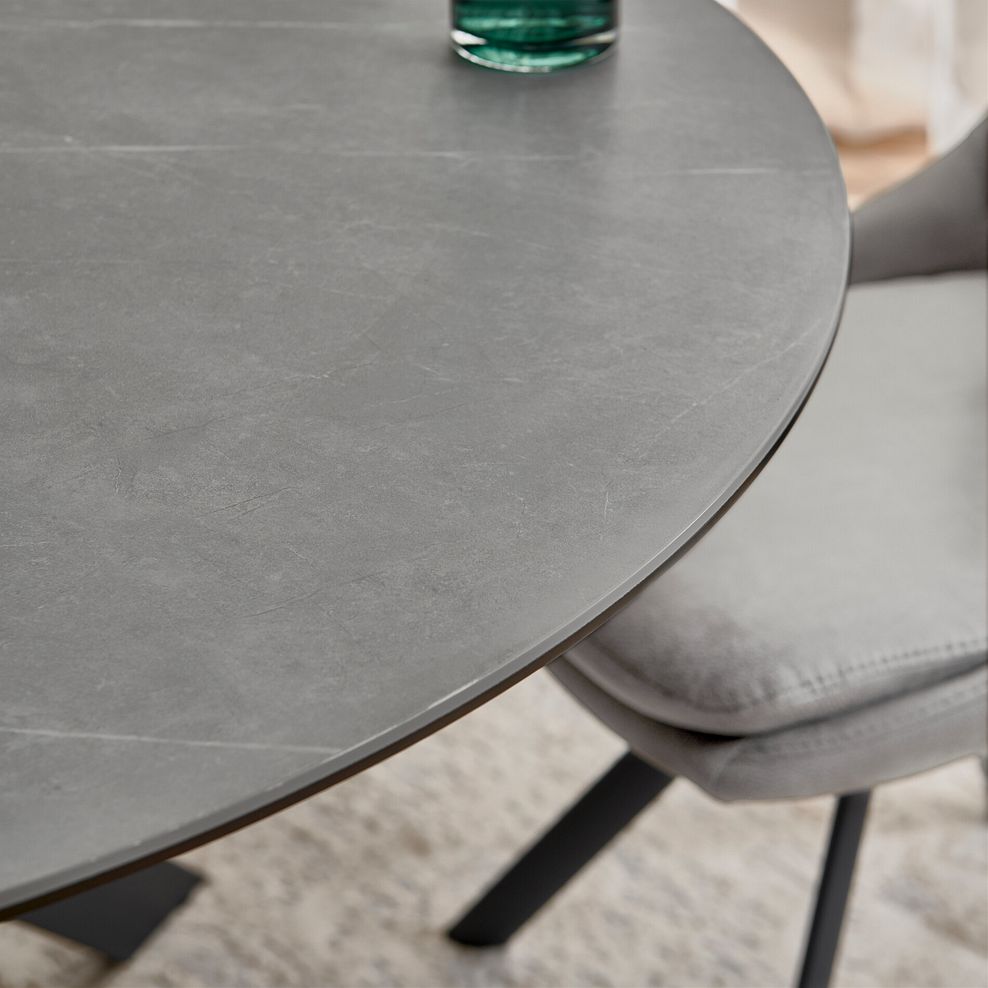 Venice Grey Ceramic Round Dining Table + 4 Nico Swivel Dining Chairs in Light Grey with Black Metal Legs 3
