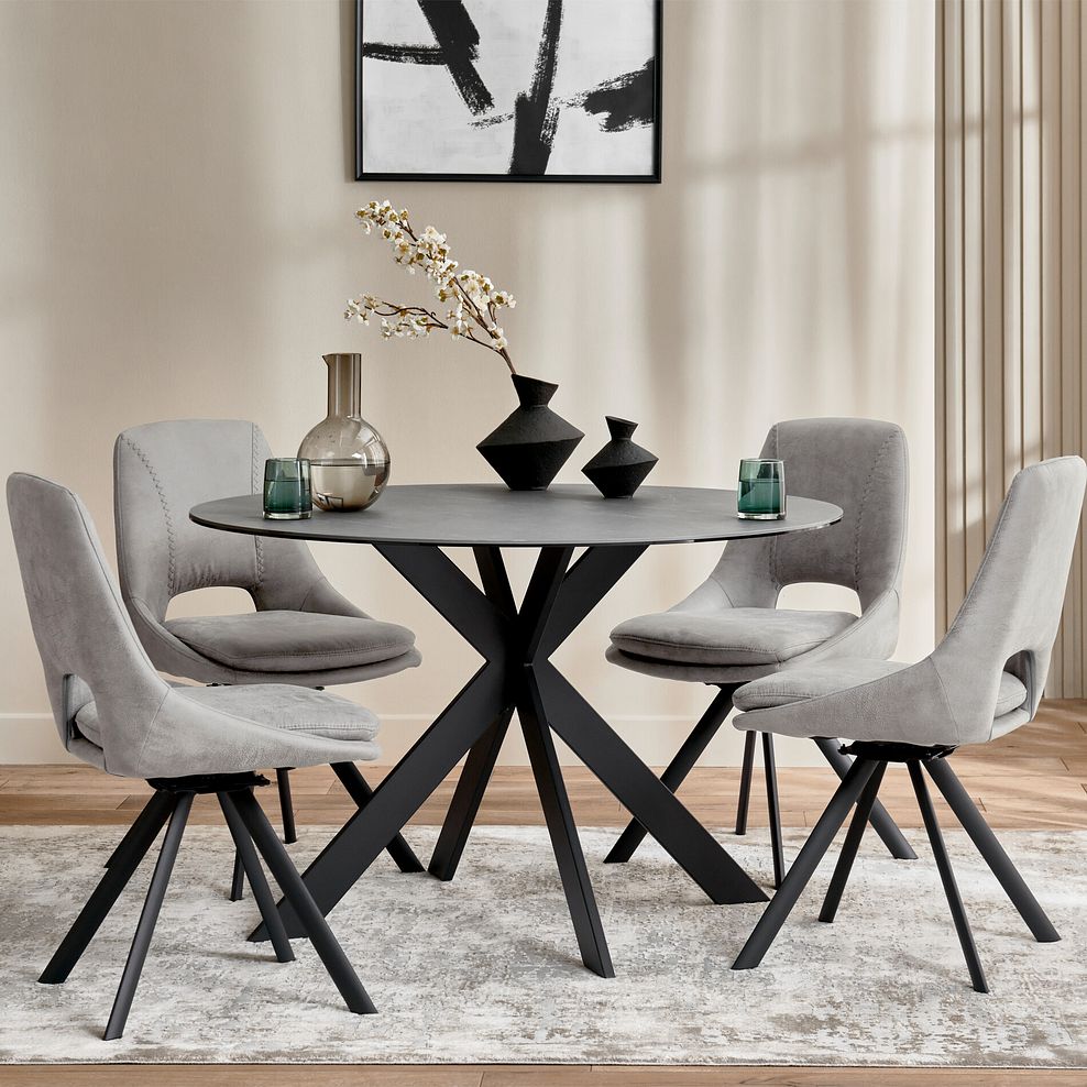 Venice Grey Ceramic Round Dining Table + 4 Nico Swivel Dining Chairs in Light Grey with Black Metal Legs 1